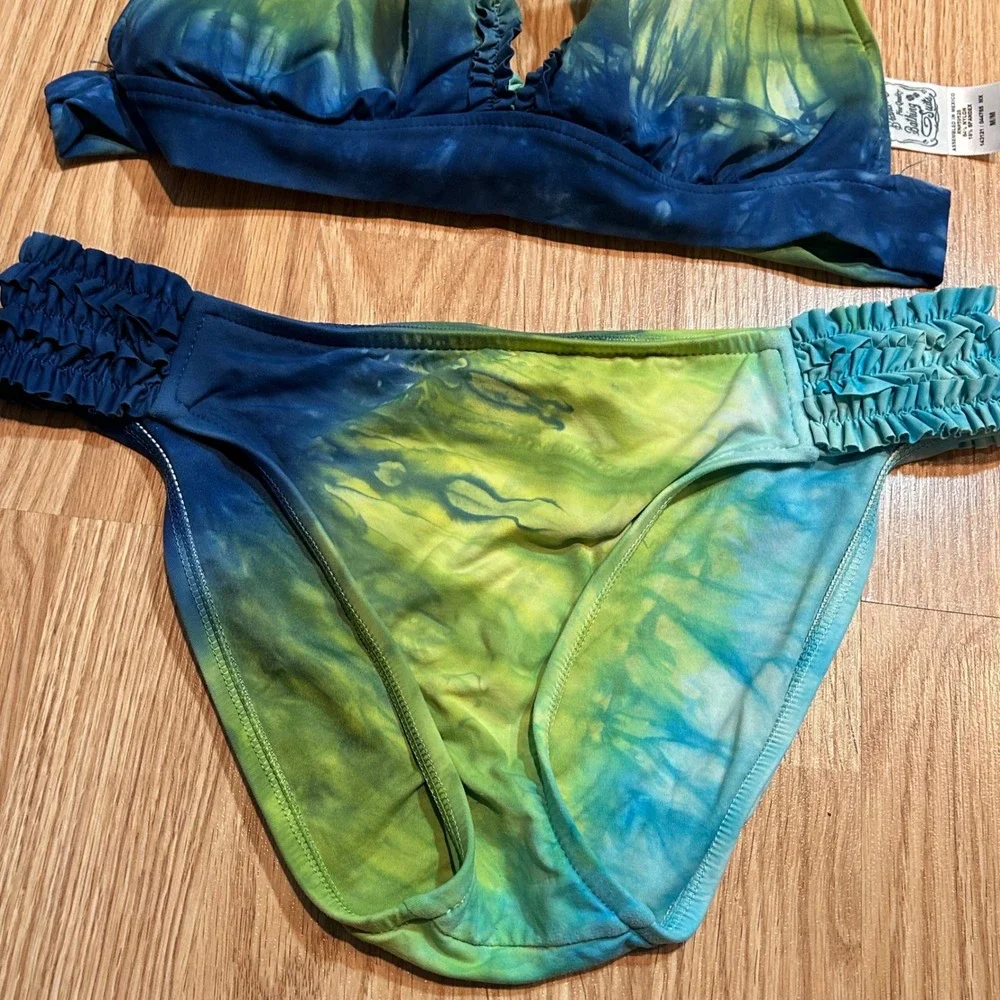 Lucky Brand Tie Dye Halter Bikini Swimsuit Ruffled Blue Green‎ Women's S/M Y2K